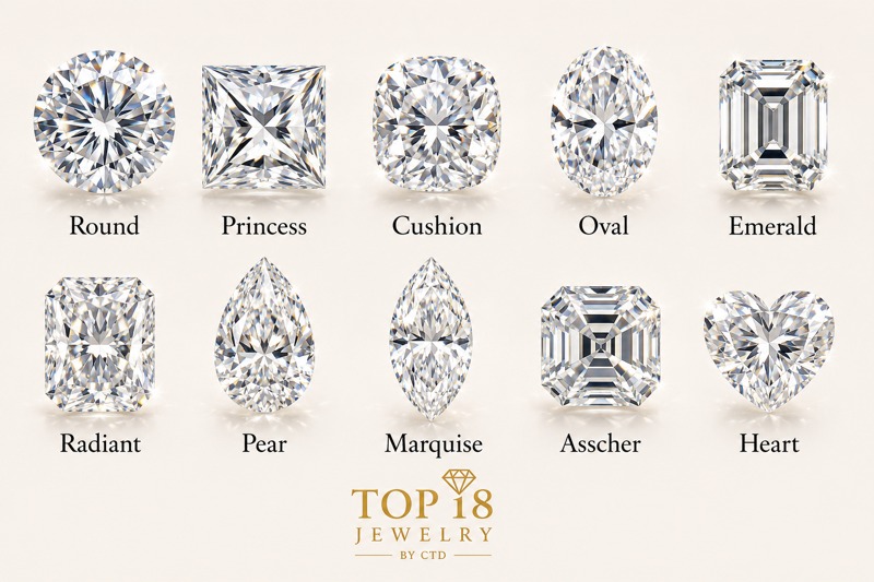 Diamond shape guide for round, princess, cushion, oval, emerald, radiant, pear, marquise, asscher, and heart diamonds